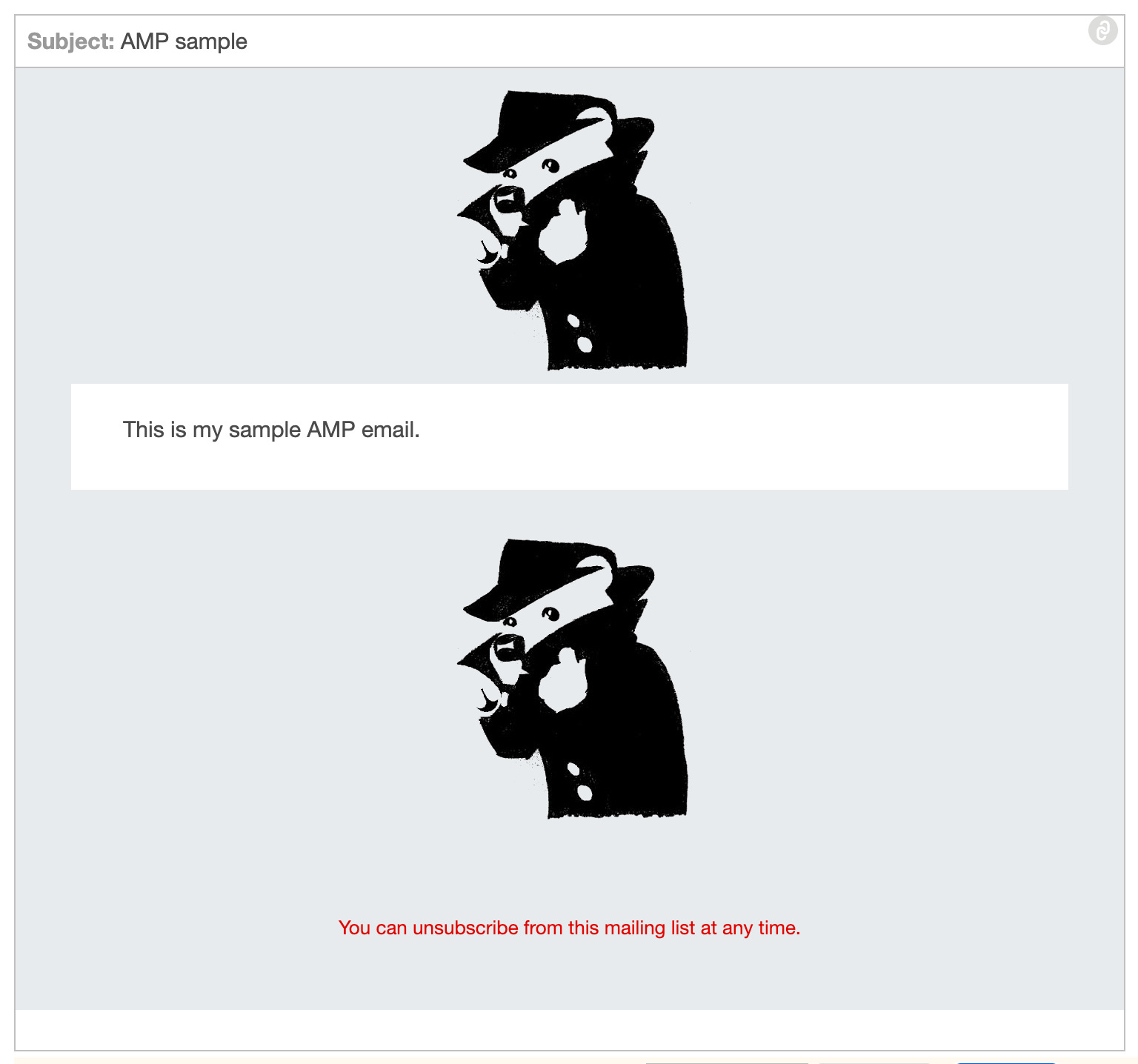 A sample AMP email with a very distorted logo